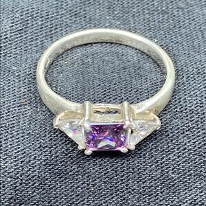 Modern Sterling Silver and Purple Gemstone Ring with Cathedral Setting